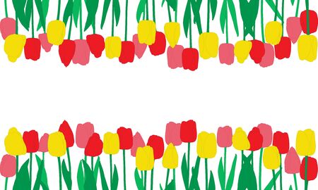 Red, pink and yellow tulips flowers and their reflection, background. Vector illustrationのイラスト素材