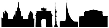 Silhouettes of Moscow buildings in Russia, University, Triumphal Gate, Tower in Ostankino, Cosmonautics Museum, Bolshoi Theater, set. Vector illustrationのイラスト素材
