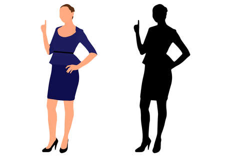 Business woman points finger at something, and black silhouette. Vector illustrationのイラスト素材