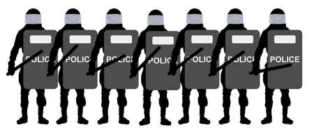 Detachment of riot police with shields and clubs stand in line. Silhouette vector illustrationのイラスト素材
