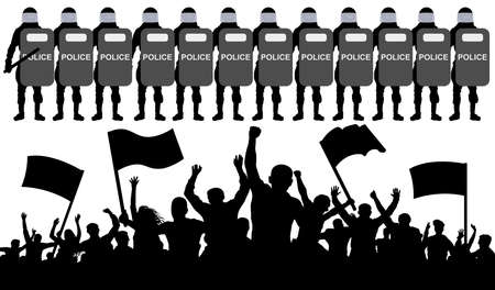Crowd of protesters with flags against the police. Silhouette vector illustrationのイラスト素材