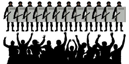 Confrontation of crowd of protesters with riot police. Silhouette vector illustrationのイラスト素材
