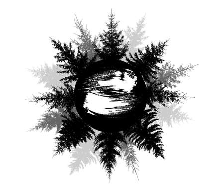 Black silhouette forest on circle, beautiful spruce trees. Inside the circle is brush stroke for name. Vector illustrationのイラスト素材