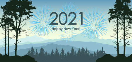 Winter landscape. 2021 New Year. Silhouette of forest and mountains, and fireworks. Vector...