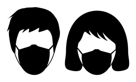 Icons of man and woman in medical mask. Mask regime, wearing respiratory mask in public places. Vector illustrationのイラスト素材