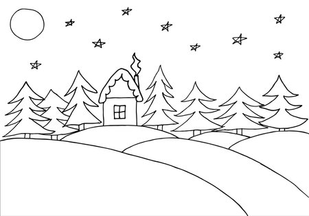 Children drawing of forest and house in winter at night. Contour of snow hills, house, fir trees, moon, stars. Hand drawn. Vector illustration.のイラスト素材