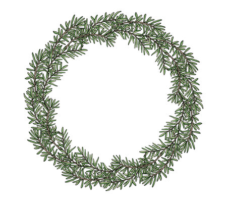 Rosemary wreath hand drawn, isolated. Beautiful circle frame, template with place for lettering. Vector illustration.のイラスト素材