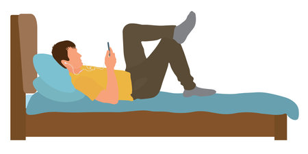 Man in headphones lies on bed and holds phone in hand. Communication through social networks during pandemic. Isolation during Covid-19 or coronavirus. Online education.のイラスト素材