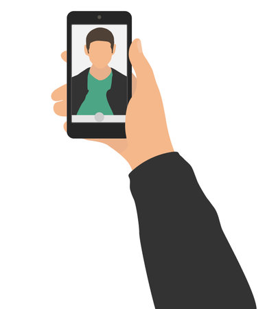 Male hand holding mobile phone and taking photo selfie. Self portrait of man on display or screen of smartphone. Vector illustration.のイラスト素材