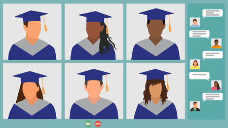 Online meeting graduates, virtual graduation. Screen laptop, video call and chat. Vector illustrationのイラスト素材