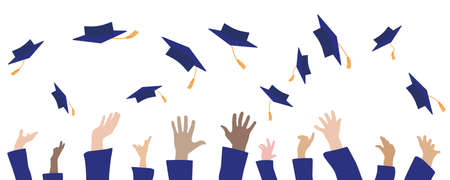 Graduation banner. Graduates hands throwing square academic caps or mortarboards. Vector illustration.のイラスト素材