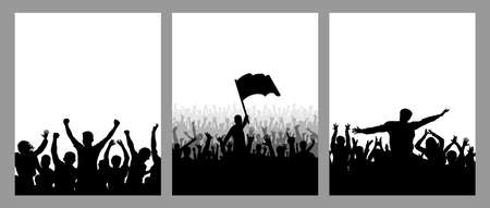 Set of vertical posters. Silhouettes of cheerful crowd people, leader with flag, fans. Vector illustration.のイラスト素材