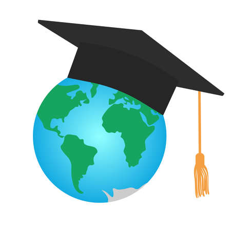 Graduating square cap or mortar board and planet earth. International graduation. Vector illustration.のイラスト素材