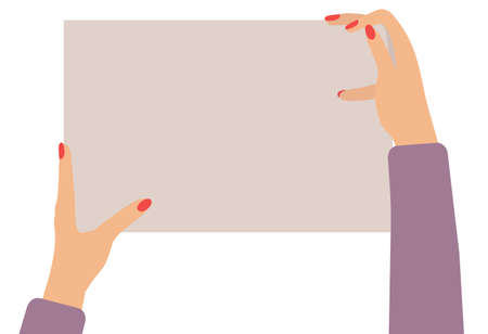 Two female hands holding empty banner, copy space for text. Vector illustrationのイラスト素材