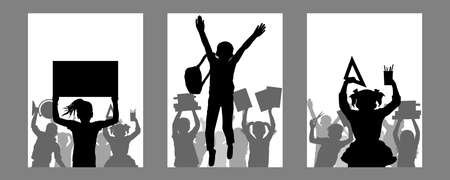 Set of vertical posters with silhouettes of happy school children. Back to school. Vector illustrationのイラスト素材