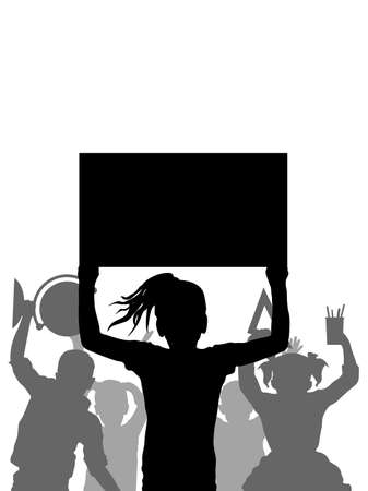 School children with poster and school supplies, silhouette of pupils. Vertical. Vector illustrationのイラスト素材