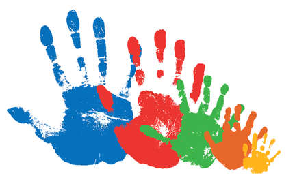 Hand prints of large family. Texture of handprints of mother, father and three children. Human fingers and palm of hands. Vector illustrationのイラスト素材