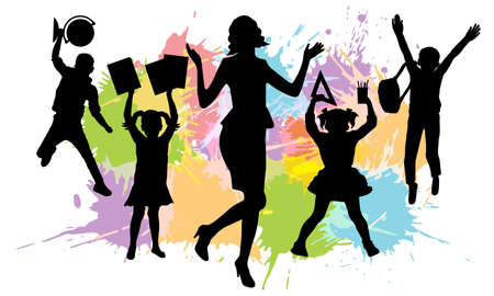 Teacher and first graders on background of color splash blot, silhouette of woman and school children. Vector illustration.のイラスト素材