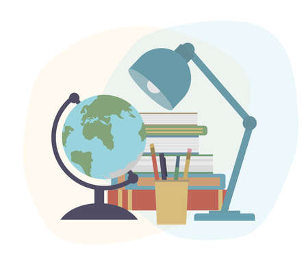 Back to school. Globe, books, lump, pens and pencils. Education concept. Vector illustrationのイラスト素材