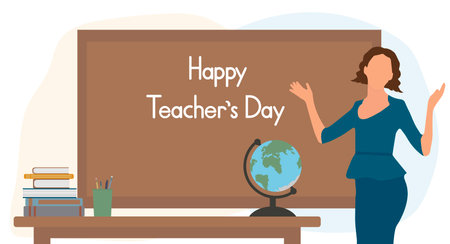 Beautiful female teacher waves hands to sides with joy near blackboard. Teacher's Day. Vector illustrationのイラスト素材