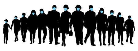 Moving people in medical masks, silhouette of crowd. Society. Vector illustrationのイラスト素材