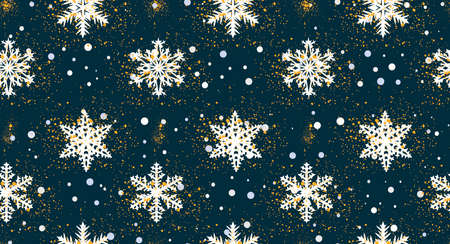 Christmas seamless pattern. Beautiful snowflakes and gold spangle on dark blue background. Vector...