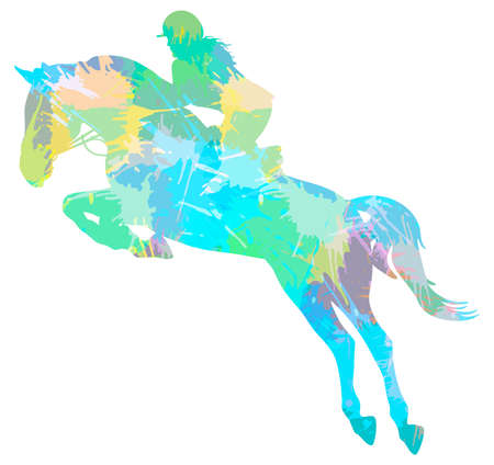 Jockey on jumping horse, equestrian sport. Colorful splash blot. vector illustrationのイラスト素材