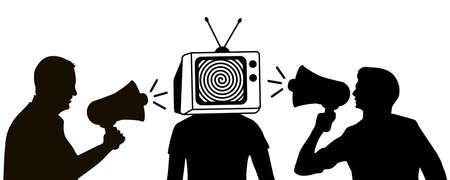 information war. Two men speak information into loudspeakers to third man with excess of...