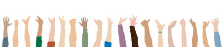 Cheering raised hands of multiethnic people. Fans, arm of men and women. vector illustrationのイラスト素材