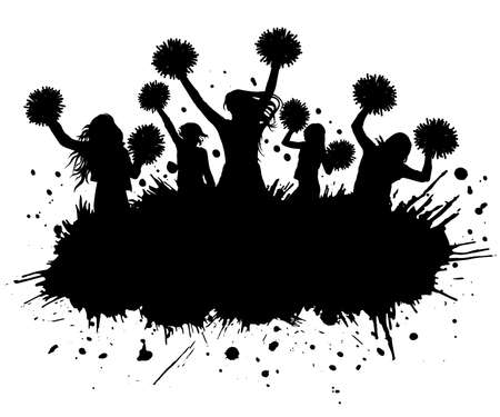 Silhouette of cheerleaders with pompoms and grunge blots, elements. Cheerleading sport. vector illustrationのイラスト素材