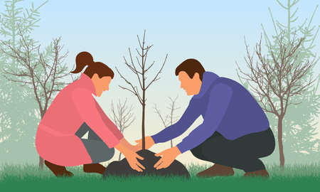Planting trees. Man and woman plant bare tree. Concept of reforestation or gardening, or agriculture. environmental care. vector illustrationのイラスト素材