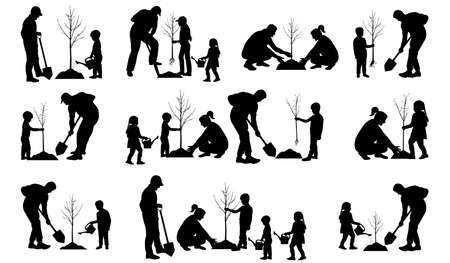 Planting tree and landscaping. Silhouette of people with tree seedling and watering cans and shovel. set. vector illustrationのイラスト素材