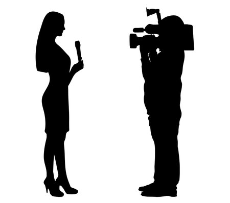 Reportage shooting. Silhouette of female journalist with microphone and man with video camera. vector illustrationのイラスト素材