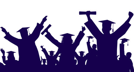 Crowd of happy graduate students in graduation academic caps. Cheerful people silhouette. graduation party. vector illustration.のイラスト素材
