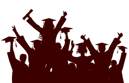 Happy group of graduate students in square academic caps. Cheerful people silhouette. vector illustration.のイラスト素材