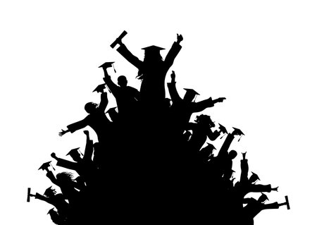 Happy crowd of graduates in square academic caps. Cheerful people silhouette. graduation day. vector illustration.のイラスト素材