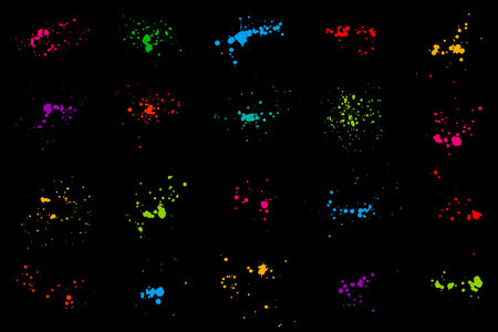 color elements of paint ink splatter on black background, set. vector illustrationのイラスト素材