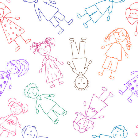 Seamless pattern of children in hand drawn style, kid's drawing. Contour of boys and girls. vector illustrationのイラスト素材