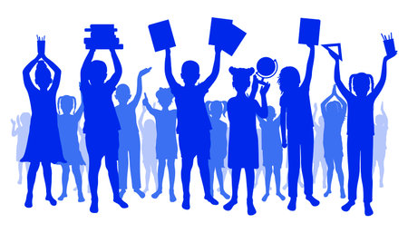 back to school. Happy school children or first graders with books, globe, etc. (school supplies) on the background of a cheerful crowd of children. silhouette. vector illustration.のイラスト素材