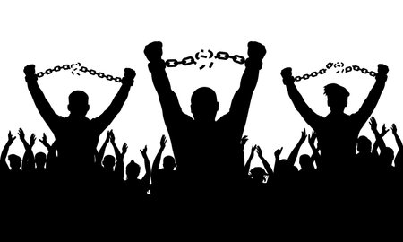 Silhouette of men break chain of handcuffs on background of cheerful crowd people. concept of freedom. vector illustration.のイラスト素材