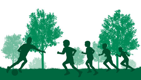 Silhouettes of soccer players boys, kicking ball on background of trees. street game. vector illustrationのイラスト素材