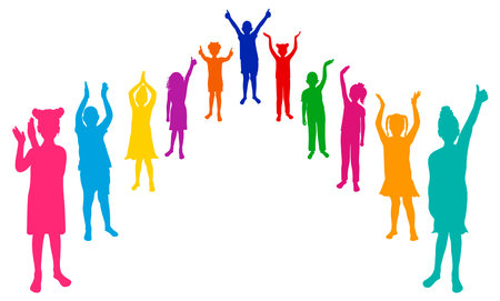 Cheerful crowd of children. Silhouettes of saluting, happy boys and girls. vector illustrationのイラスト素材
