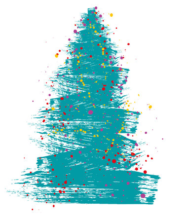 Christmas tree, grunge brush drawing art. Beautiful doodle spruce (fir tree) with color paint blots (garland). Vector illustration.のイラスト素材