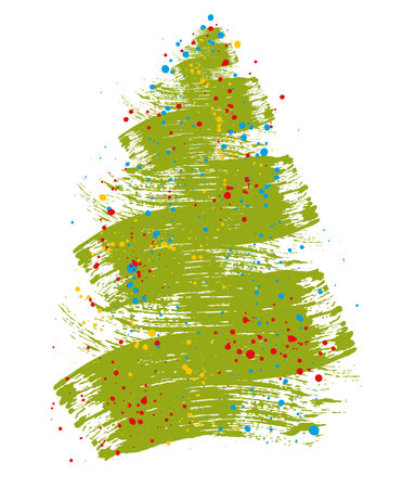 Grunge brush drawing of Christmas tree. Beautiful doodle spruce with color paint blots. Vector illustration.のイラスト素材