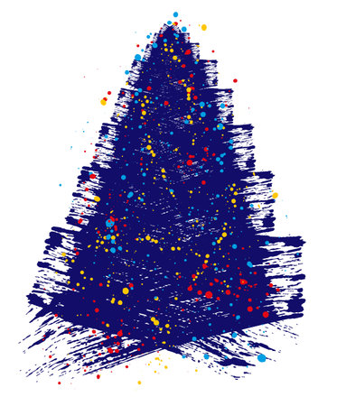 Christmas tree, grunge brush drawing art. Beautiful doodle spruce (fir tree) with color paint blots (garland). Vector illustration.のイラスト素材