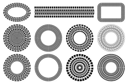 Tire wheel marks of cars, round ornament, set. Vector illustrationのイラスト素材