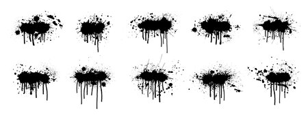 Black ink splashes with drips and drops.  Vector illustrationのイラスト素材