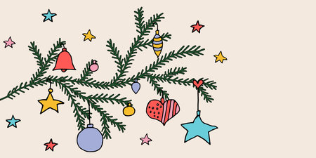 Christmas branch tree decorated christmas toys in hand drawn style. Vector illustrationのイラスト素材