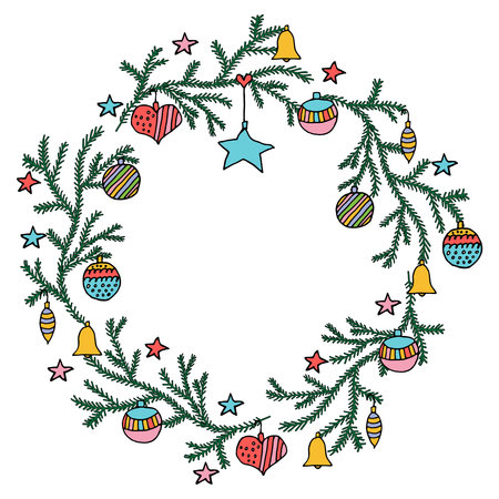 Beautiful wreath from branches of spruce tree  with christmas toys and stars in hand drawn style. Vector illustrationのイラスト素材