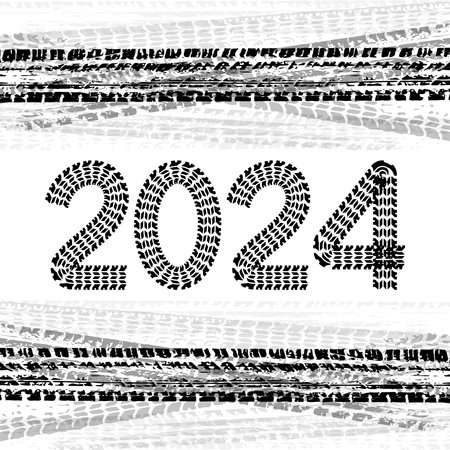 2024 new year card with tire wheel marks of cars. Vector illustrationのイラスト素材